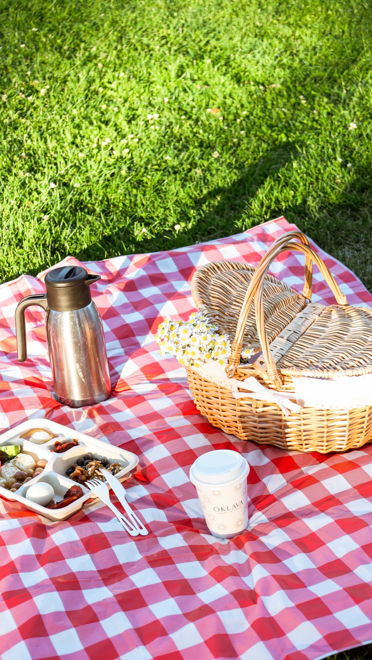 Picnic spread with Oklava coffee cup on a checkered blanket